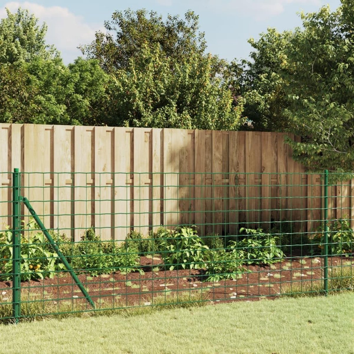 Groen, 1 x 25 m, met bodemhulzen, verzinkt stalen hek met pvc-coating voor perceel en dierenrennen, in elkaar grijpend design, roestbestendig en duurzaam