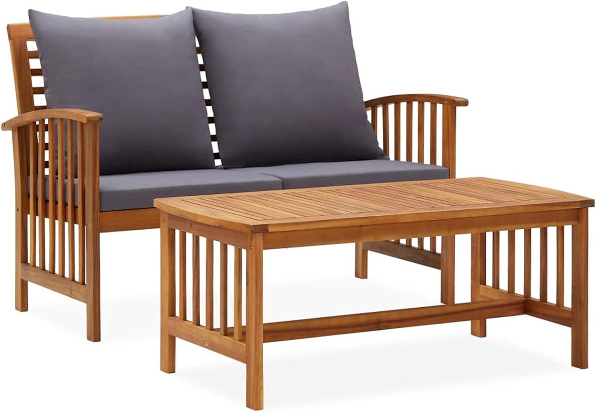 Set van 2 tuinbanken van massief hout acacia met kussens, woonkamer voor tuin, tuinbank, 2-zits, tuinmeubelset, tafel en bank voor 2 zits voor buiten
