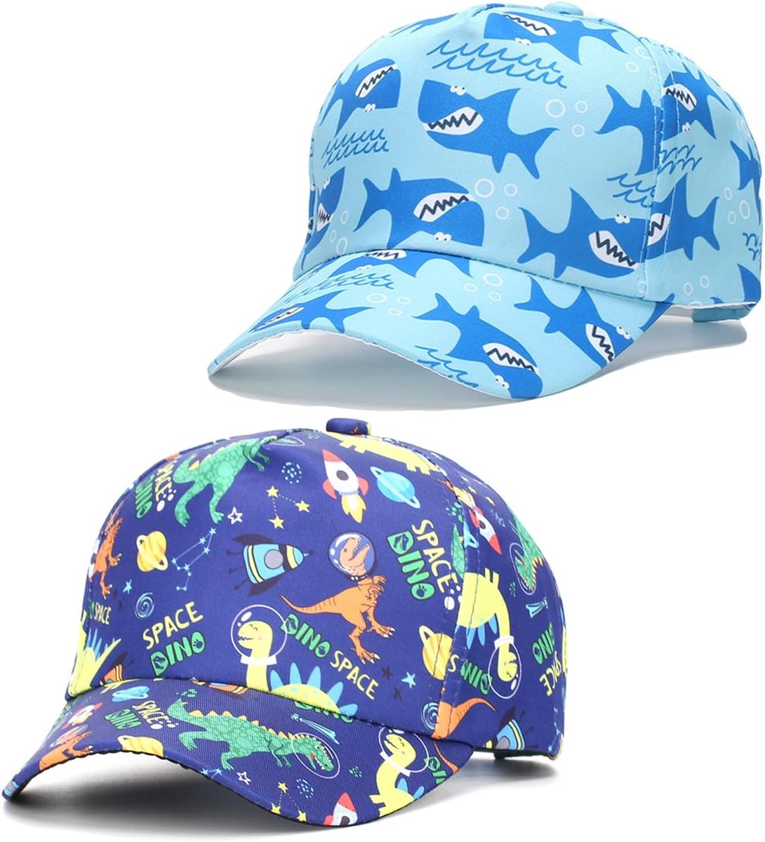 2 Pack Jongens Baseball Cap Kinderen Verstelbare Riem Dinosaurus Haai Auto Cap Zonnehoed Zomer Accessoires