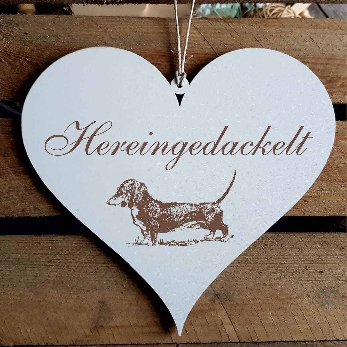 Bord in hartvorm 13 x 12 cm - met teckel motief - decoratief deurbord welkom