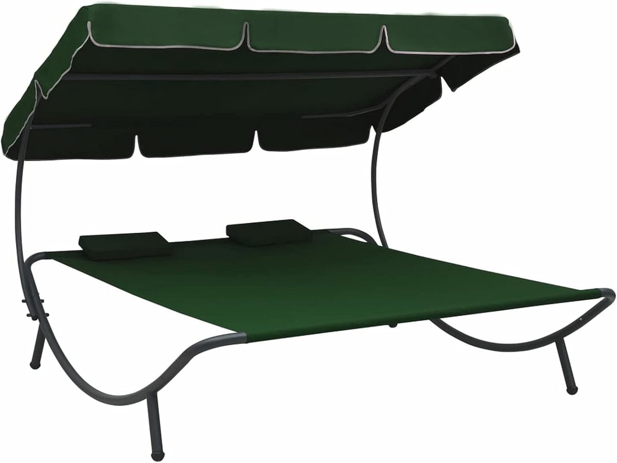 Tuinligstoel met luifel en kussen, dubbel ligbed met zonnezeil voor terras, balkon, buitenzwembad, strand, groen, 200 x 173 x 135 cm