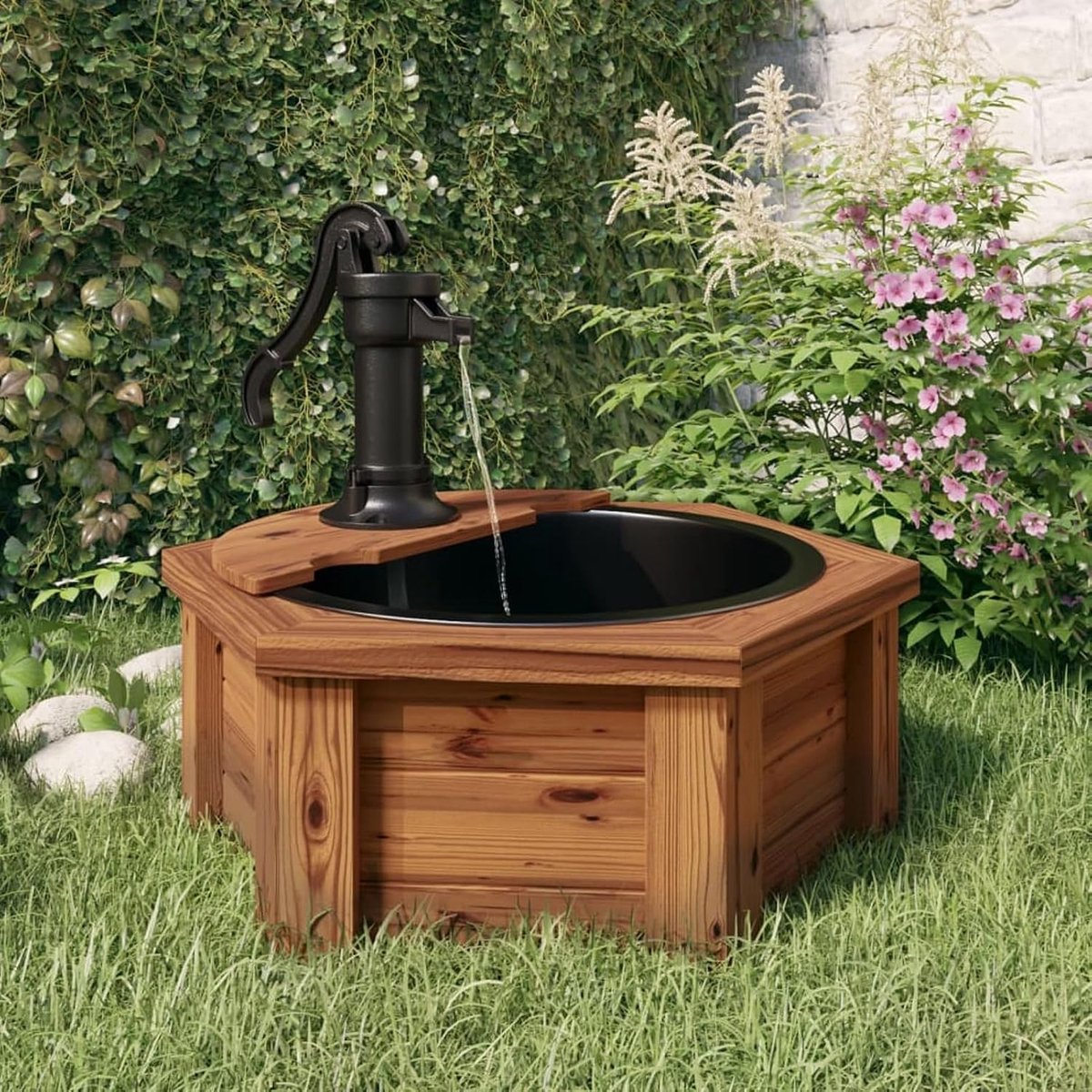 Waterfontein met pomp 57 x 57 x 53 cm van massief sparrenhout, meubels, fonteinen en vijvers, fontein en decoratieve watervallen (SPU: 363335)