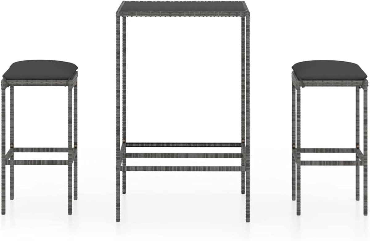 Barmmeubelset voor de tuin, 3-delig en kussens, tafel en stoelen, voor tuin, terras, binnenplaats, buiten, eetkamer, rotan, polyethyleen, grijs