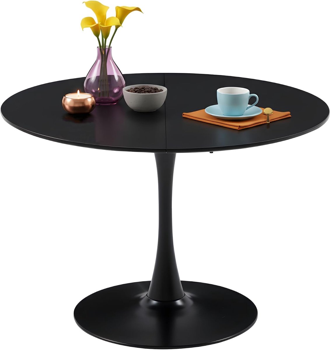 Eettafel, rond, zwart, 110 cm, ronde keukentafel voor 4 tot 6 personen, moderne stijl, centrale standaard, metaal, stabiel, voor keuken, eetkamer, woonkamer, balkon, kantoor, zwart