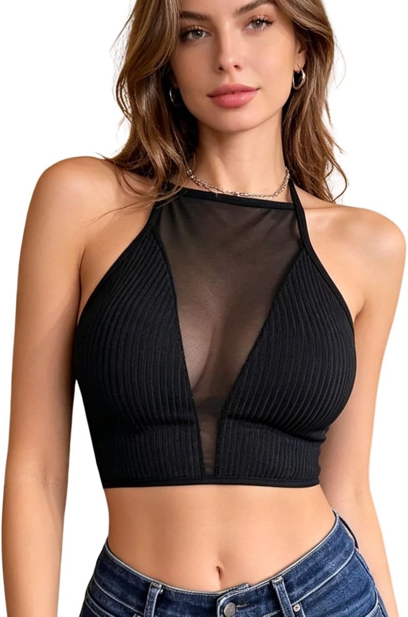 Tanktop voor dames, sexy, haltertop, crop top, transparant, V-hals, korte