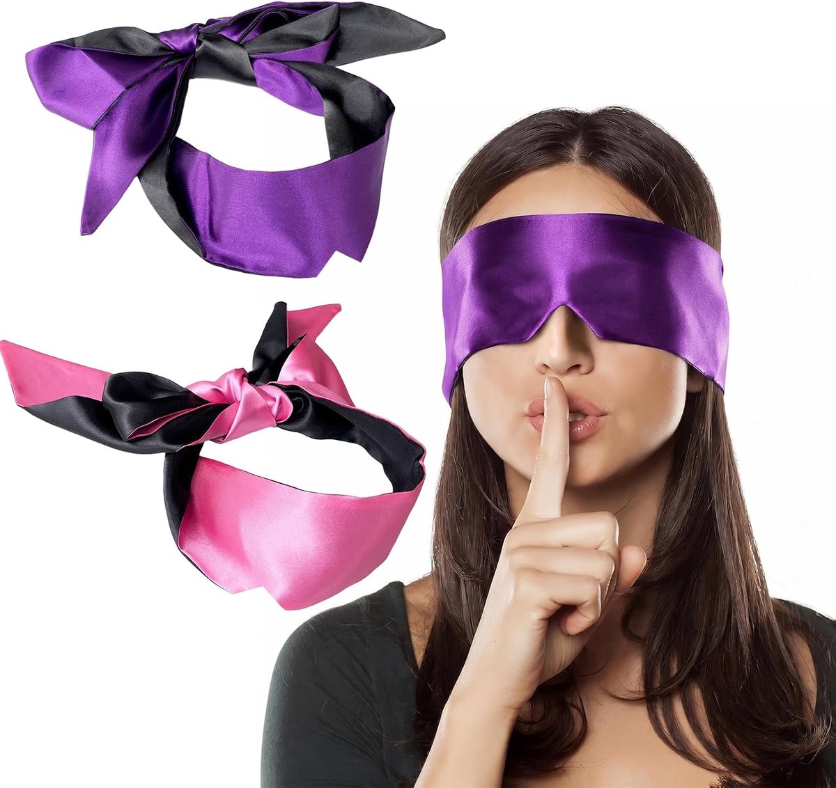 2 stuks zijden nachtmaskers, zachte en ondoorzichtige slaapband, oogmasker voor dames en heren, ideaal voor reizen en nachtrust, paars/zwart + roze/zwart