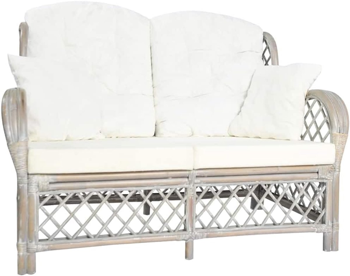 2-zitsbank, grijs, rotan, met zitbank, 2-delige bank van natuurlijk rotan met kussens en kussens voor woonkamer, balkon of terras, comfortabel zitmeubel