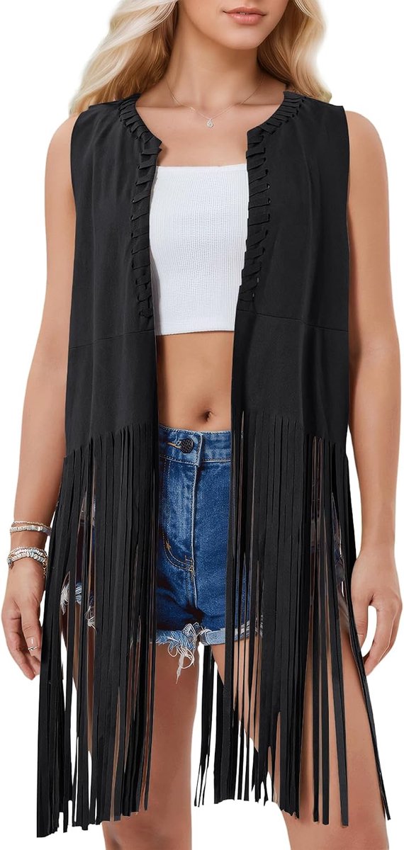 Vrouwen Fringe Vest 70s Hippie Kostuum Faux Suede Mouwloos Kwasten Vest Cowgirl Western Tops