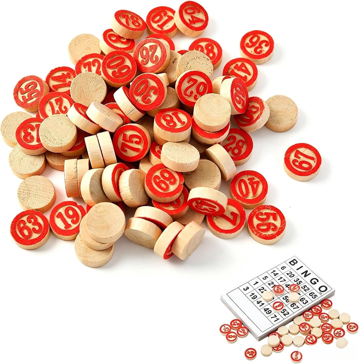 Bingo-chips van hout, genummerde speelchips voor bingo-spel, loteria en wiskundeonderwijs, hoogwaardige houten plaatjes voor familie, school en gezelschapsspellen