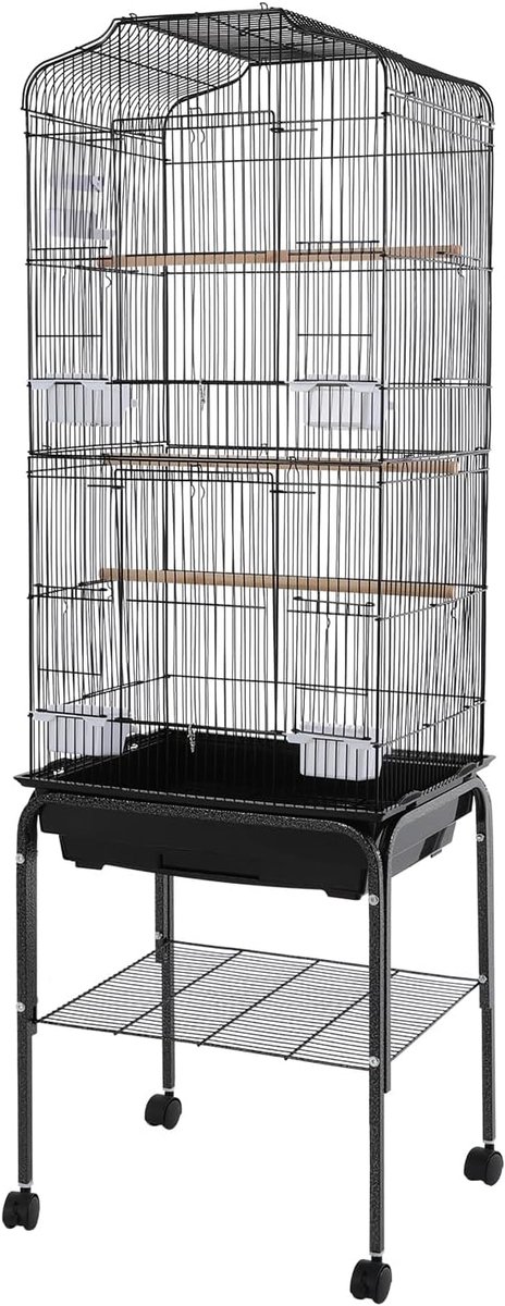 Vogelkooi 47 x 37 x 137,5 cm, vogelvolière op wielen, papegaaienkooi, vogelhuis met 4 voerbakken en drinkbak voor nimfparkieten, grasparkieten