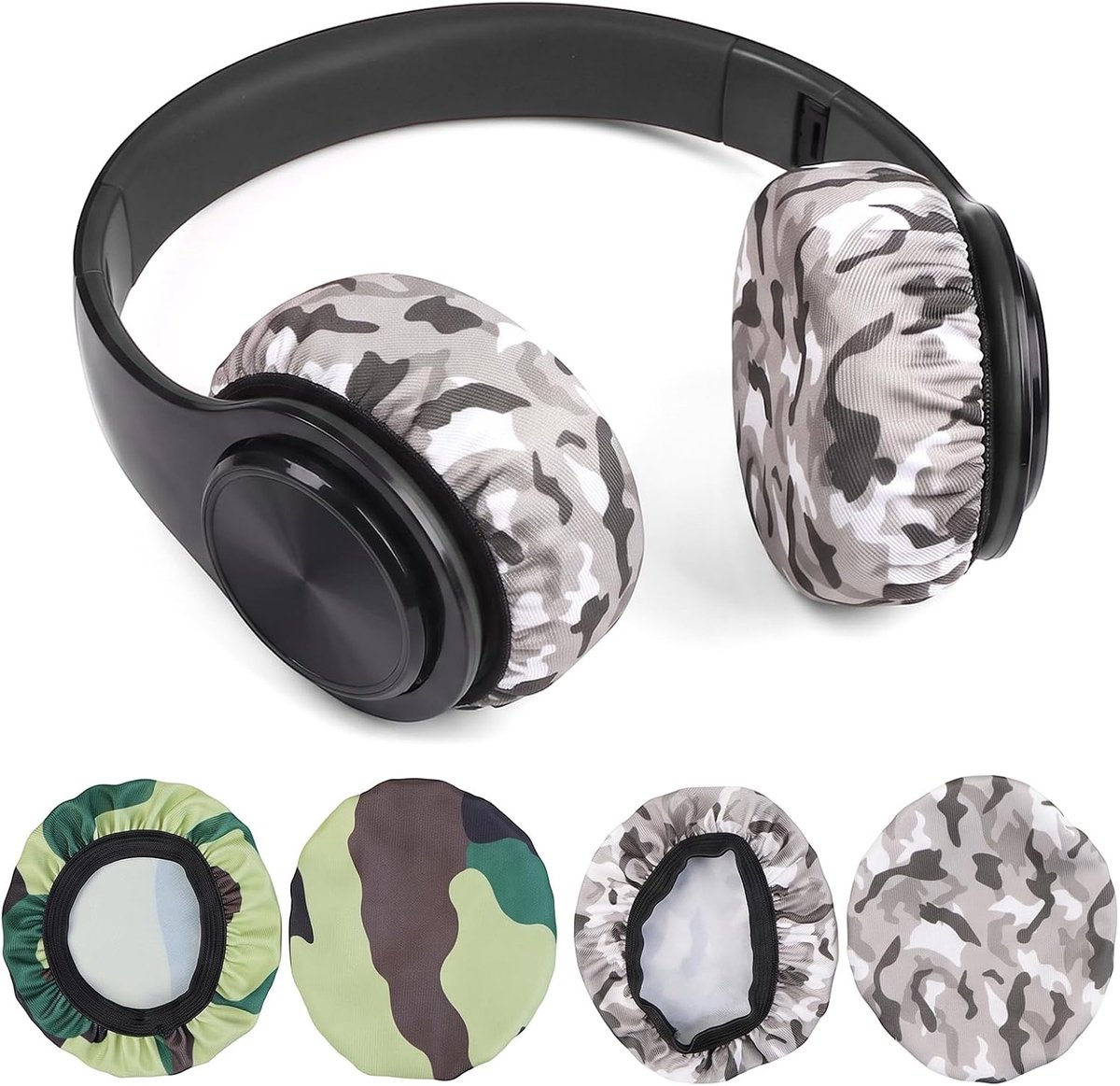 4 stuks wasbare hoofdtelefoonhoezen van elastische stof voor oordopjes 9-10,5 cm, ademende vervangende pads voor sport en sportschool, camouflage groen en grijs
