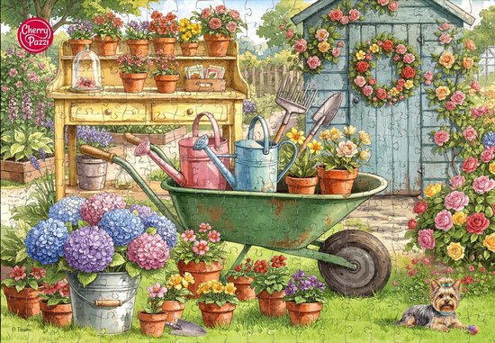 Een 300-delige puzzel van een bloementuin, met een schuur, kruiwagen, veel bloemen en een hond op het gras.