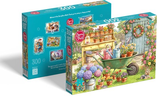 Doos van een 300-delige puzzel 'Potting Joy' met een tuinlandschap. Zijkant toont een collage van dieren- en tuinmotieven.