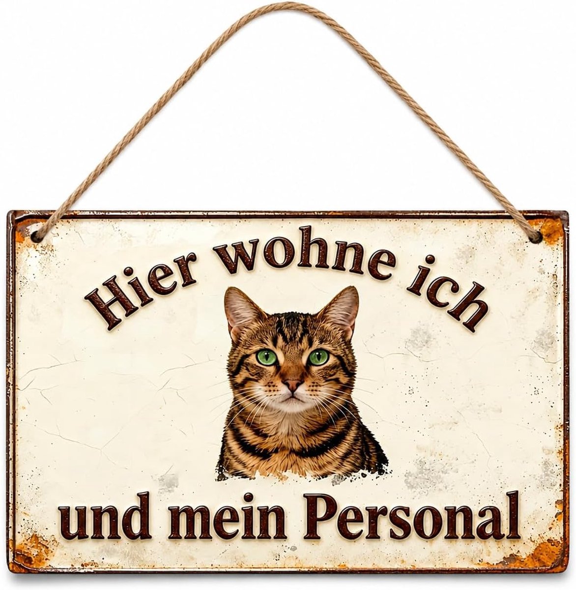 houten bord met kattenspreuk Hier woon ik en mijn personeel, vintage wanddecoratie voor dierenliefhebbers, huishouden, entree, balkon, dierendecobord 20×12,7cm