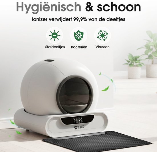 Hygiënische kattenbak met een groene luchtstroom. Drie iconen tonen verwijdering van stofdeeltjes, bacteriën en virussen.
