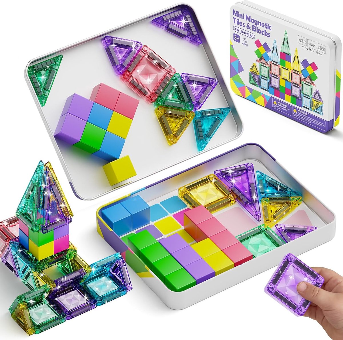 Magnetische Tegels & Blokken Reisset: 48 Stuks met Opbergtin