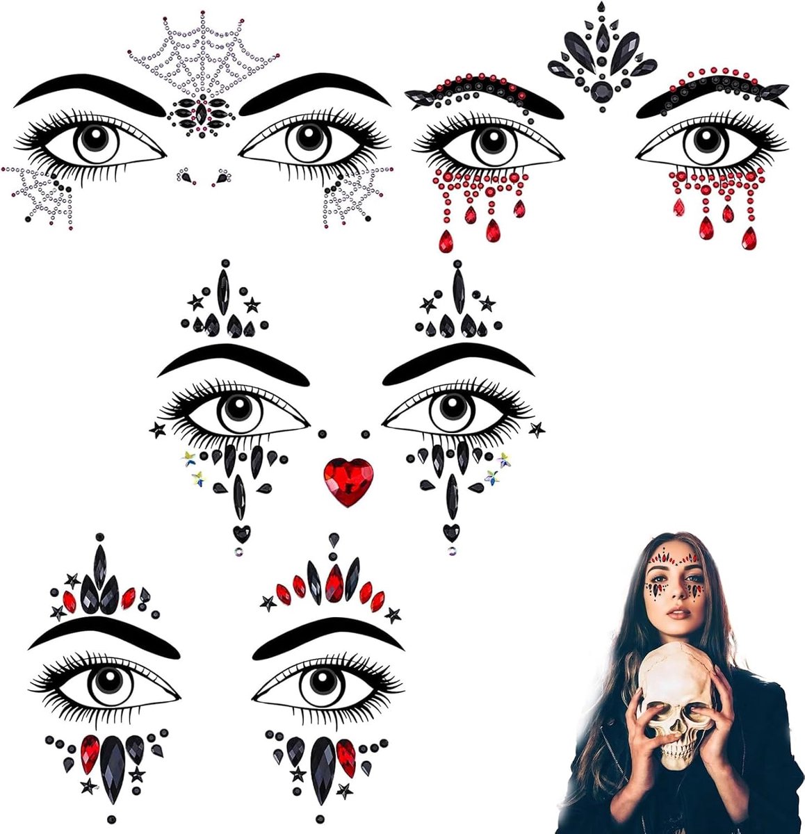 Gezichtsstickers voor Halloween - 4 Soorten Kunstmatige Diamanten Gezichtsdecoratie - Spinnen, Clown, Demon en Meer - Herbruikbaar, Veilig, Makkelijk aan te brengen, 1 Set