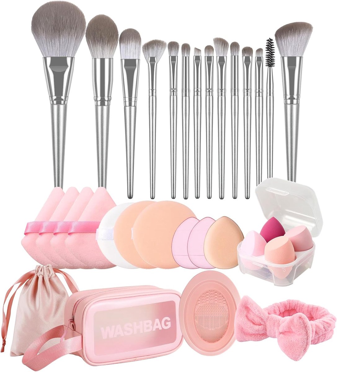 Make-upkwastenset met driehoek, ronde en mini-poederkwast, cosmeticaspons, reinigingsmat, draagtas, make-upgereedschapsset voor foundation, poeder, concealer, oogschaduw