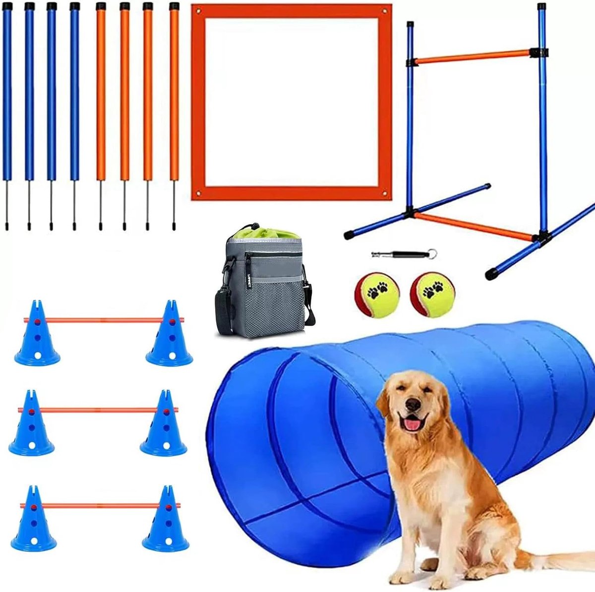Hond beweeglijkheidstrainingsapparaat, uitgerust met tunnel voor honden, hekken, 8 slalom-stangen, 2 tennisbalspeelgoed, rustbox, markeringsstaven, 3 korte stangen