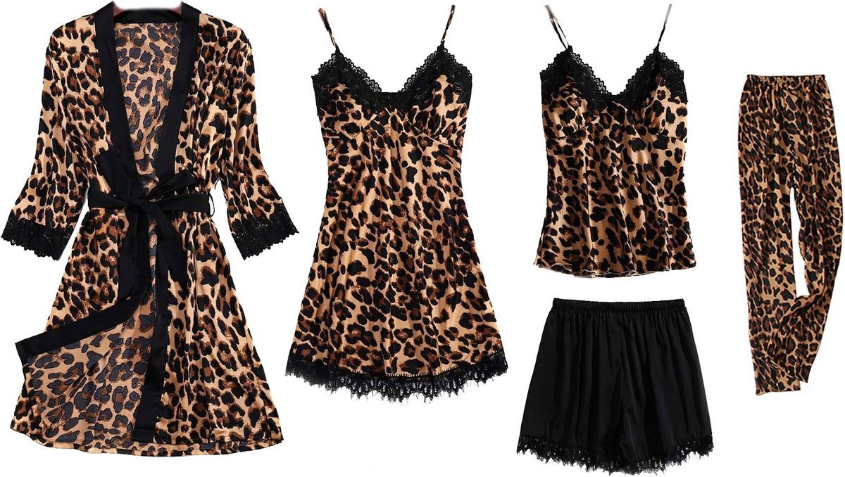 5-delige satijnen pyjamaset, kanten kimono, robe pyjamaset, sexy negligé, shorts en lange broek, nachthemd, 5-delige set, met borstvulling