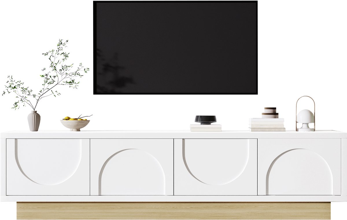 tv meubel Wit-Hout 175x40x41,5 cm - Minimalistisch design met gebogen deuren - Griffloos push-to-open systeem - Kabelmanagement - Soft-close scharnieren