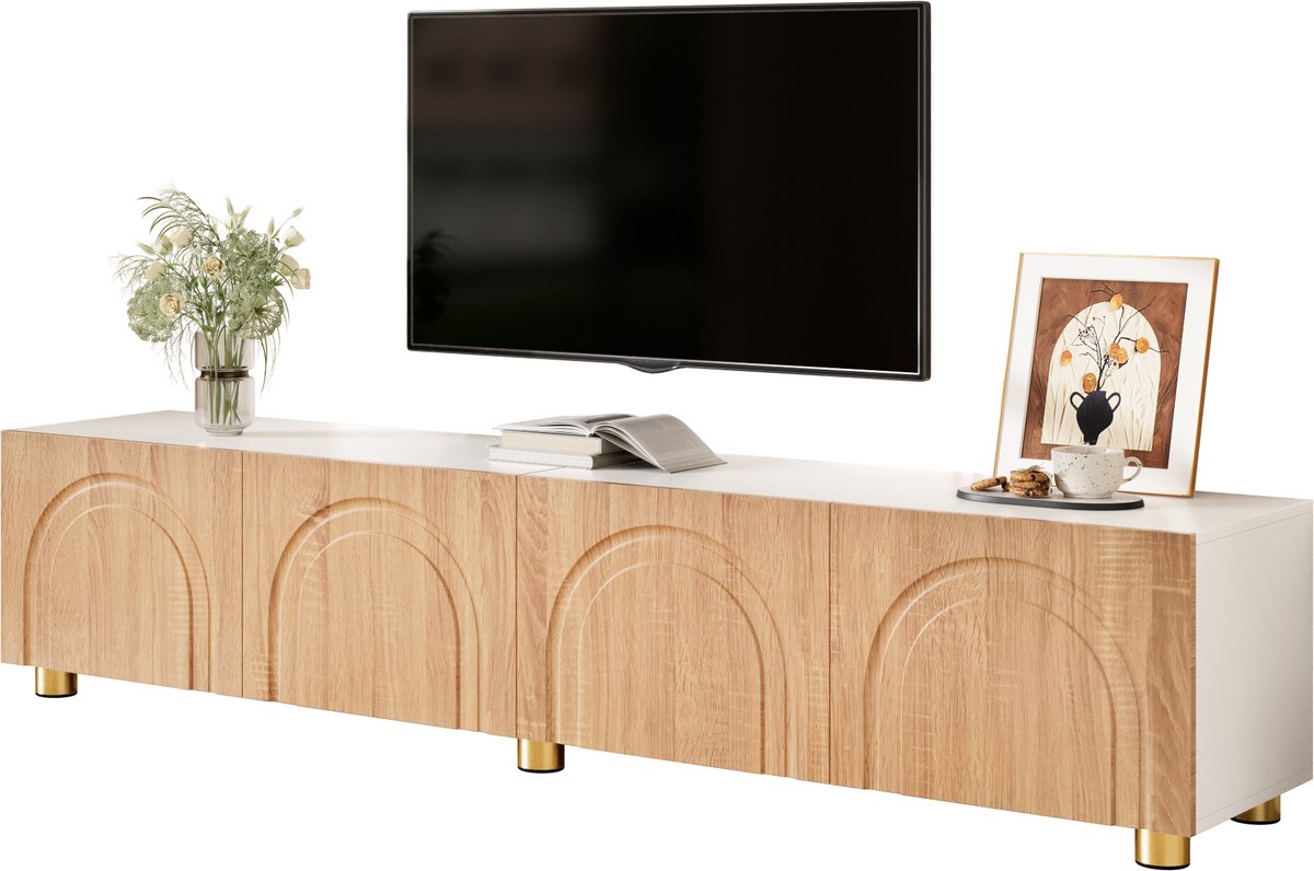 tv meubel Natuur 180x35x40 cm - 4 Deuren met 3D-Boogreliëf - Ruime Opbergkast voor Woonkamer - Modern Design - Ronde Metalen Poten - Draagvermogen 60 kg