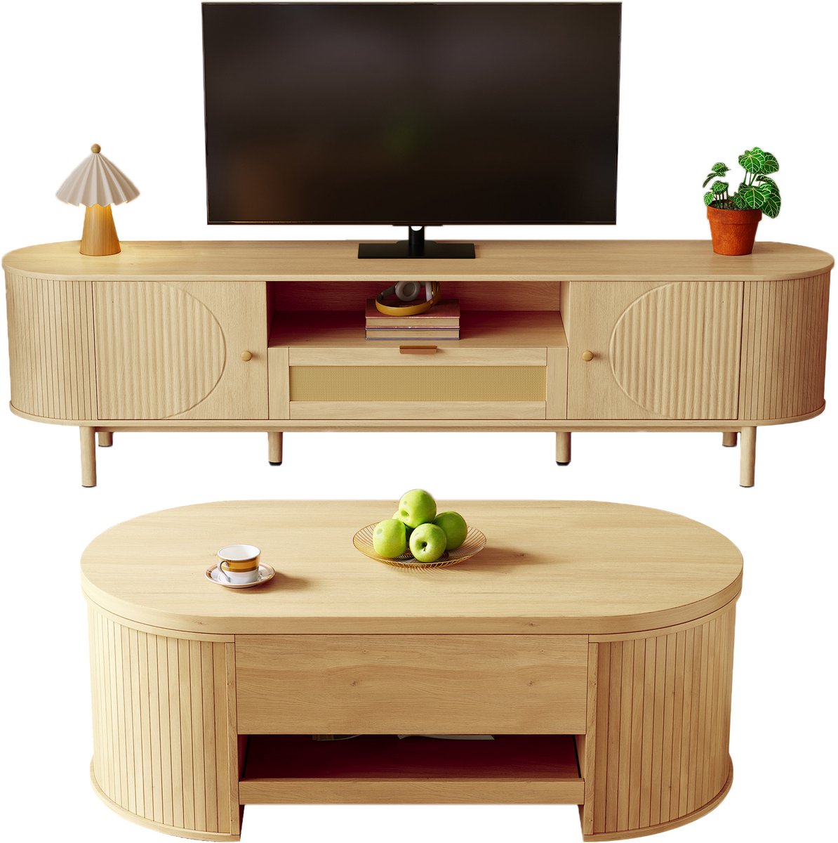 Woonkamermeubelset Hout - Verstelbare salontafel en tv meubel - 110-175 cm - Rotan lade en kabelmanagement - Afgeronde hoeken - Modern design
