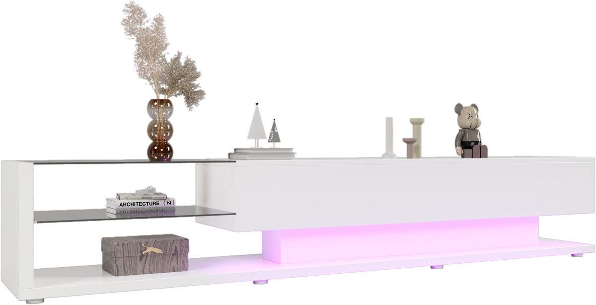 tv meubel - moderne landelijke stijl voor woonkamer - 170x36x38 cm - wit hoogglans met glazen legplanken - variabele LED-verlichting - 2 ruime lades