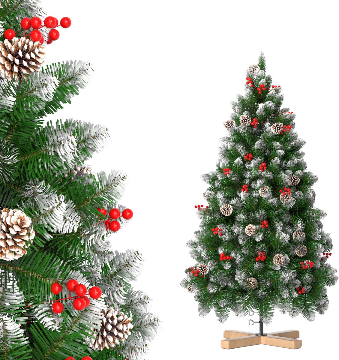 Automatische Kerstboom – 180cm Kunstkerstboom – met Witte Punten & Dennenappels