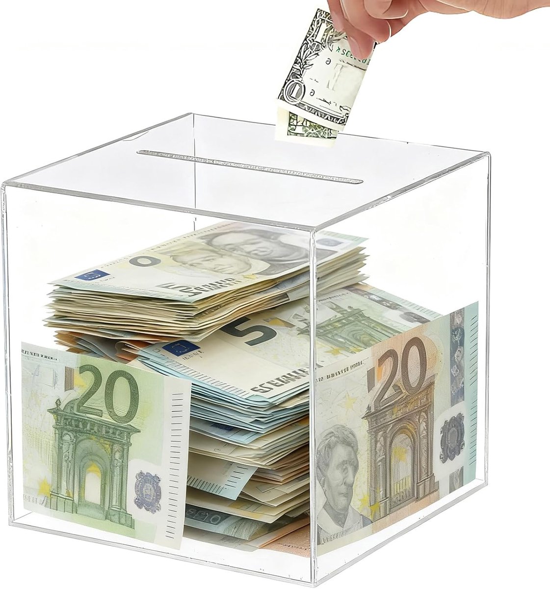 Spaarvarken van acryl, acryl spaarpot niet te openen, 15 x 14,8 x 14,8 cm, transparant, groot, niet te openen, transparante spaarpot, creatieve spaarpot, voor budget en besparen, munten en contant