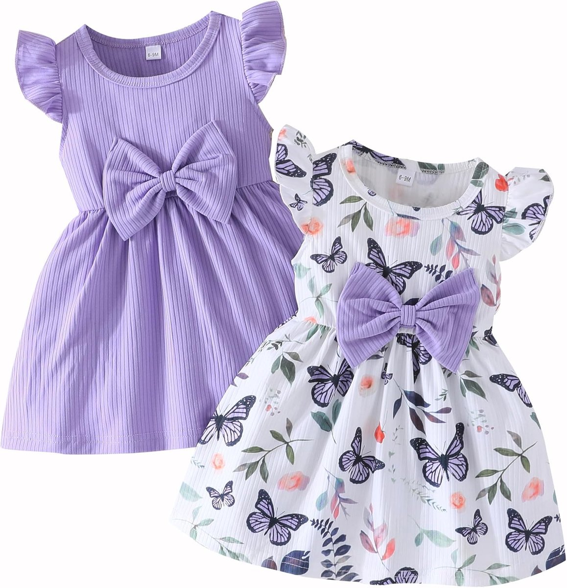 Zomerjurk voor meisjes, vlinderprint, strik, ruches, mouwloos, schattige polkadots, zomerkleding