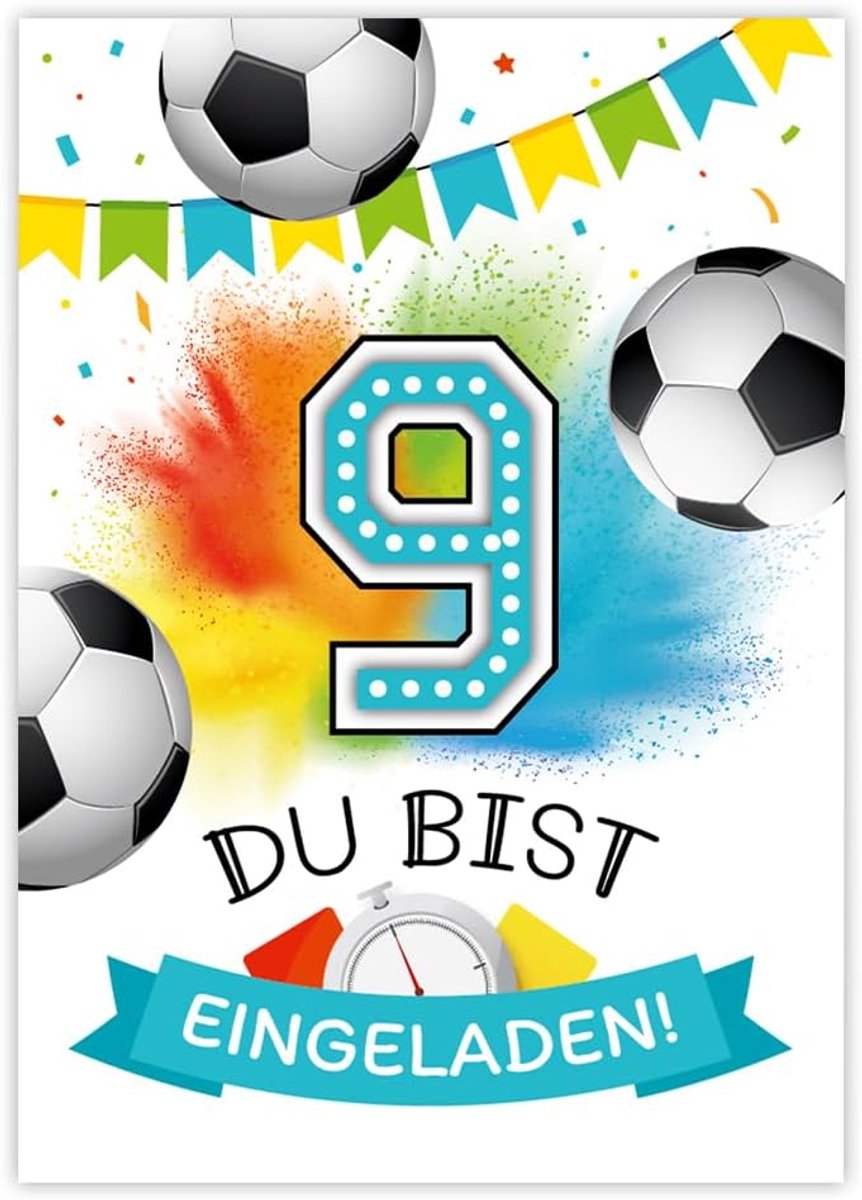 12 uitnodigingskaarten voor de 9e kinderverjaardag jongen voetbal uitnodigingen voor de negende verjaardag kinderen kleurrijke verjaardagsuitnodigingen