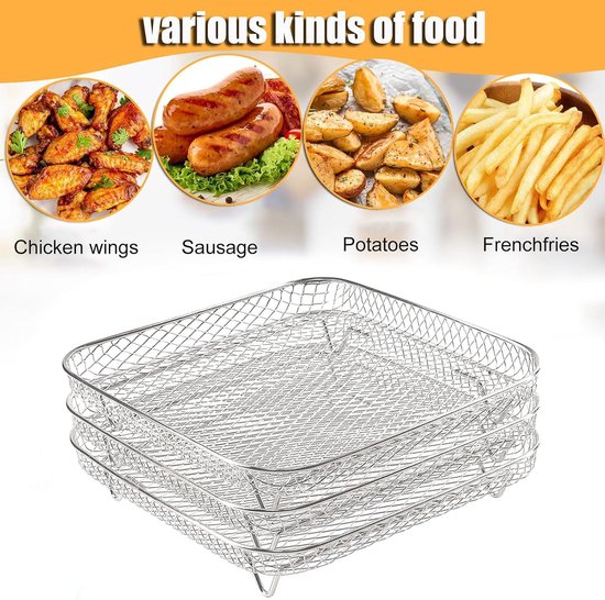 3 stuks manden voor luchtfriteuse, roestvrij staal 304, lagen voor luchtfriteuse in de oven, stapelbare droogmanden, drie rekhouders voor grill, rooster voor luchtfriteuse — afbeelding 4