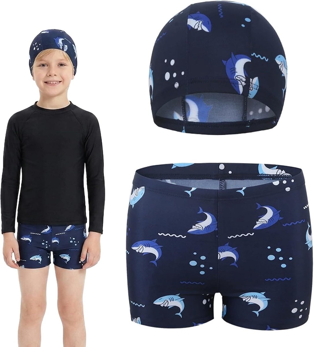 Zwemmuts en zwembroek met haaienprint voor jongens, gemaakt van polyester, sneldrogend, met elastisch trekkoord, gewicht 20-25 kg