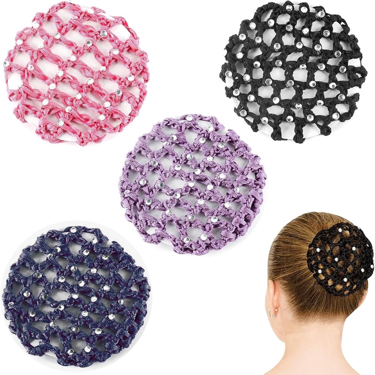 4 stuks haarnet voor dames en meisjes, elastisch haarnet voor klassieke dans, ballet, paardrijden en werk, accessoires voor knot, haken (zwart, paars, roze, marineblauw)