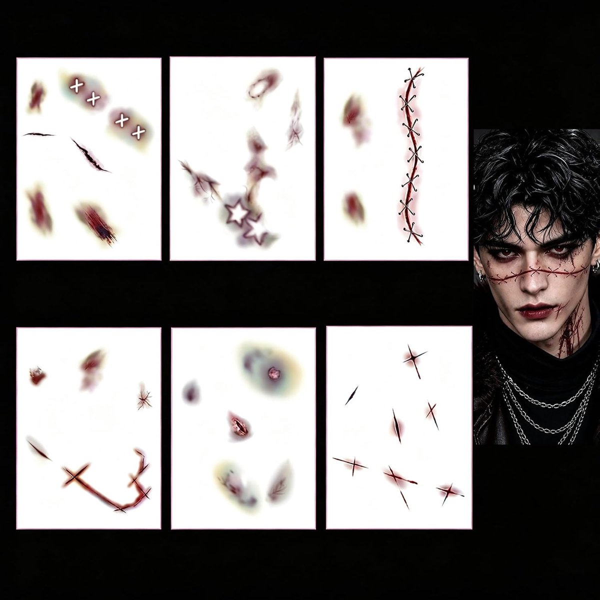 6 Vellen Halloween Tatoeages Littekens Gezicht Littekens Make-up Halloween Stickers Bloed Tatoeestickers Voor Kinderen En Volwassenen, Cosplay, Zombie, Vampier, Heksen Halloween-kostuum