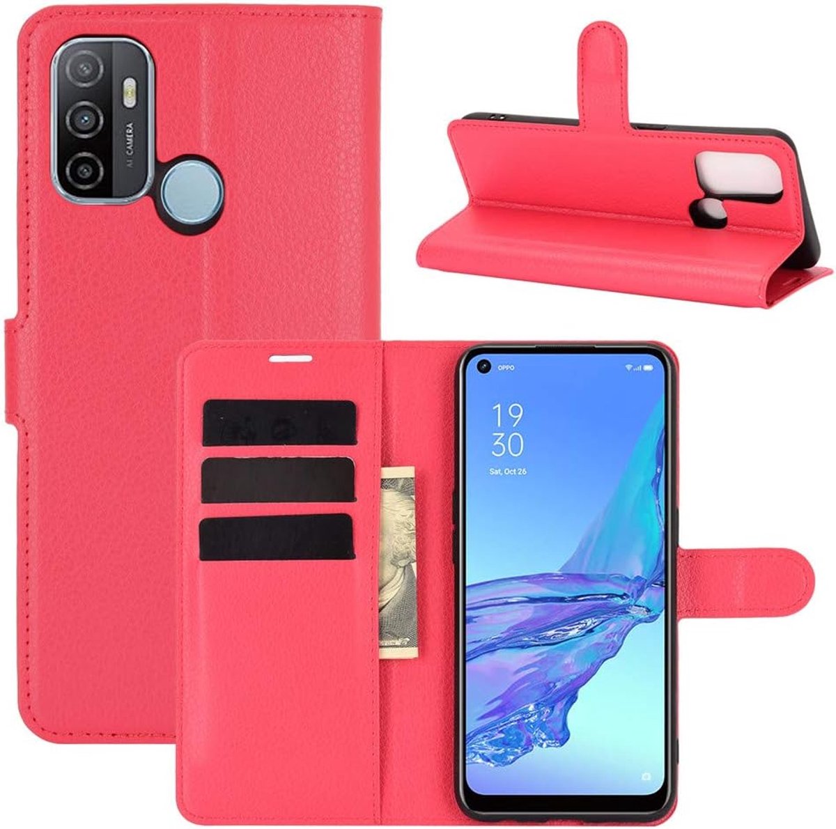 Hoesje voor OPPO A53 2020, Lederen Phone Case Flip Cover met Kaarthouder, Staan, Siliconen Bumper en Magnetische Sluiting Holster Etuis Skin voor OPPO A53 Smartphone, Rood