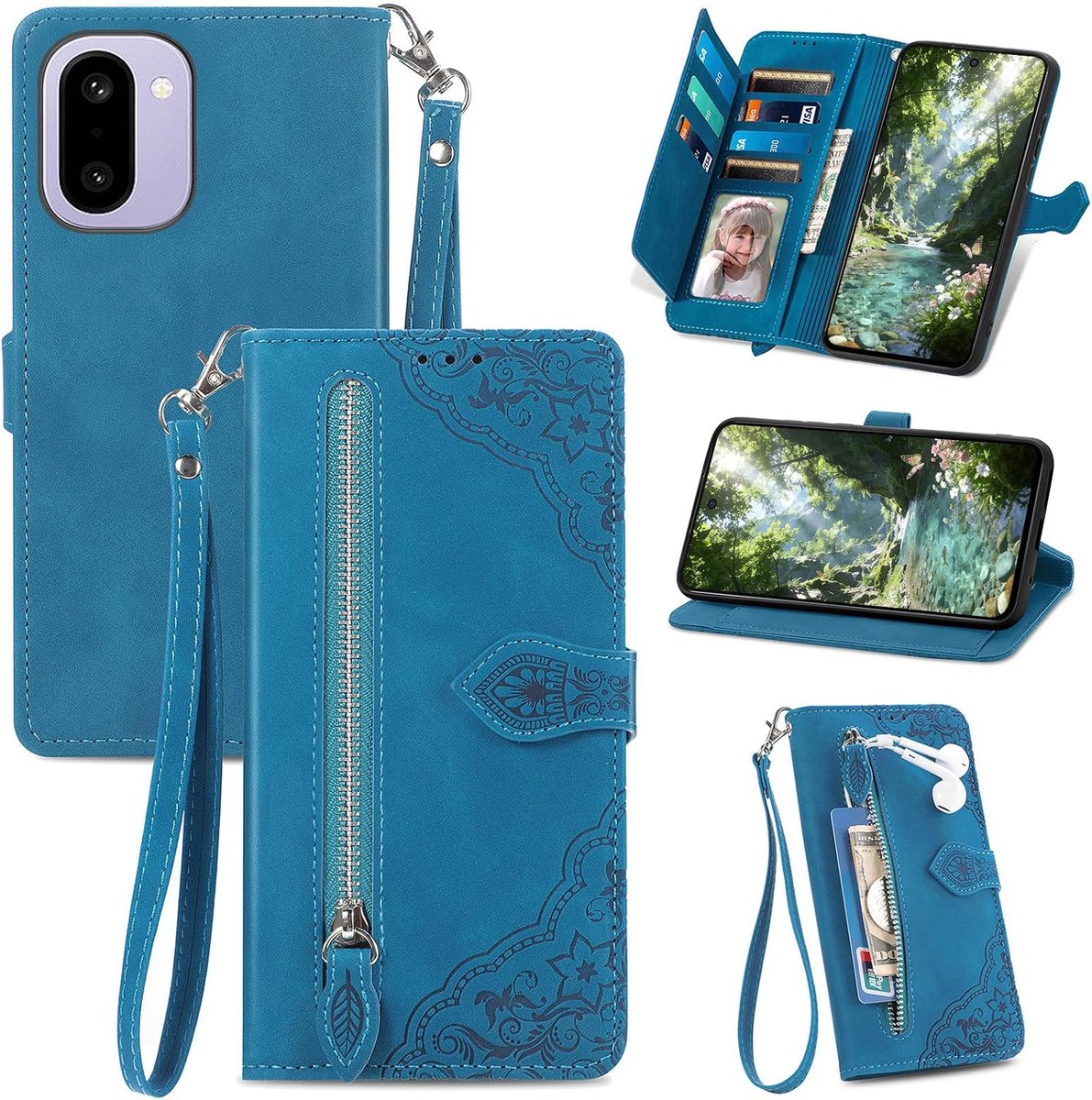 Hoes voor Oneplus 15R, PU-leren telefoonhoes, inklapbare flip case, hoes met kaartenvak, magneet, standaard en polslus, bloemenpatroon, beschermhoes, schokbestendig, blauw