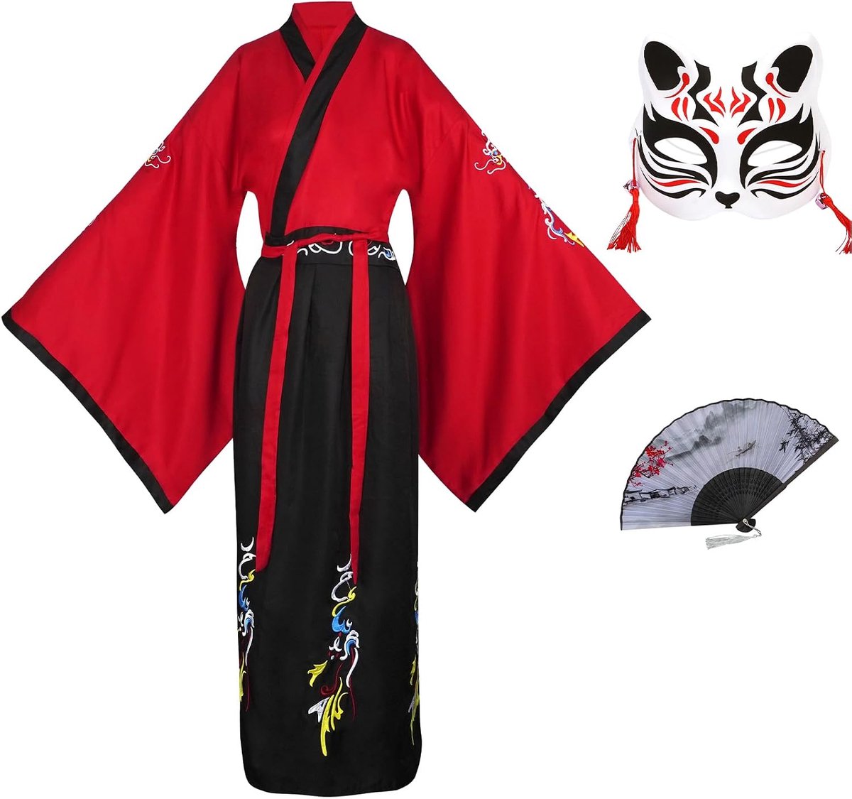 Hanfu-jurk, traditioneel Chinees kostuumset met masker en vouwventilator, geborduurde éénpiece jurk voor Carnival, Cosplay, fotoshoots en culturele activiteiten