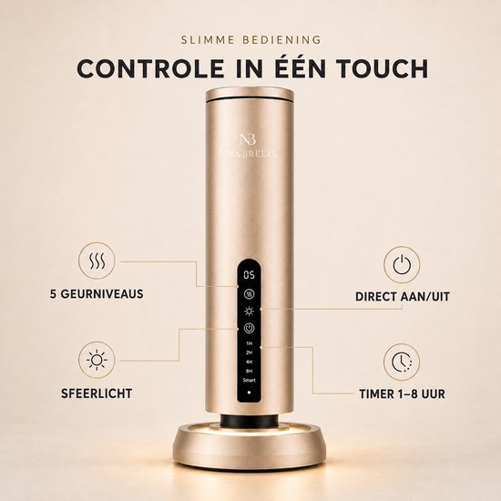 Gouden Nira Breeze diffuser met touchbediening: 5 geurniveaus, sfeerlicht, direct aan/uit en timer.