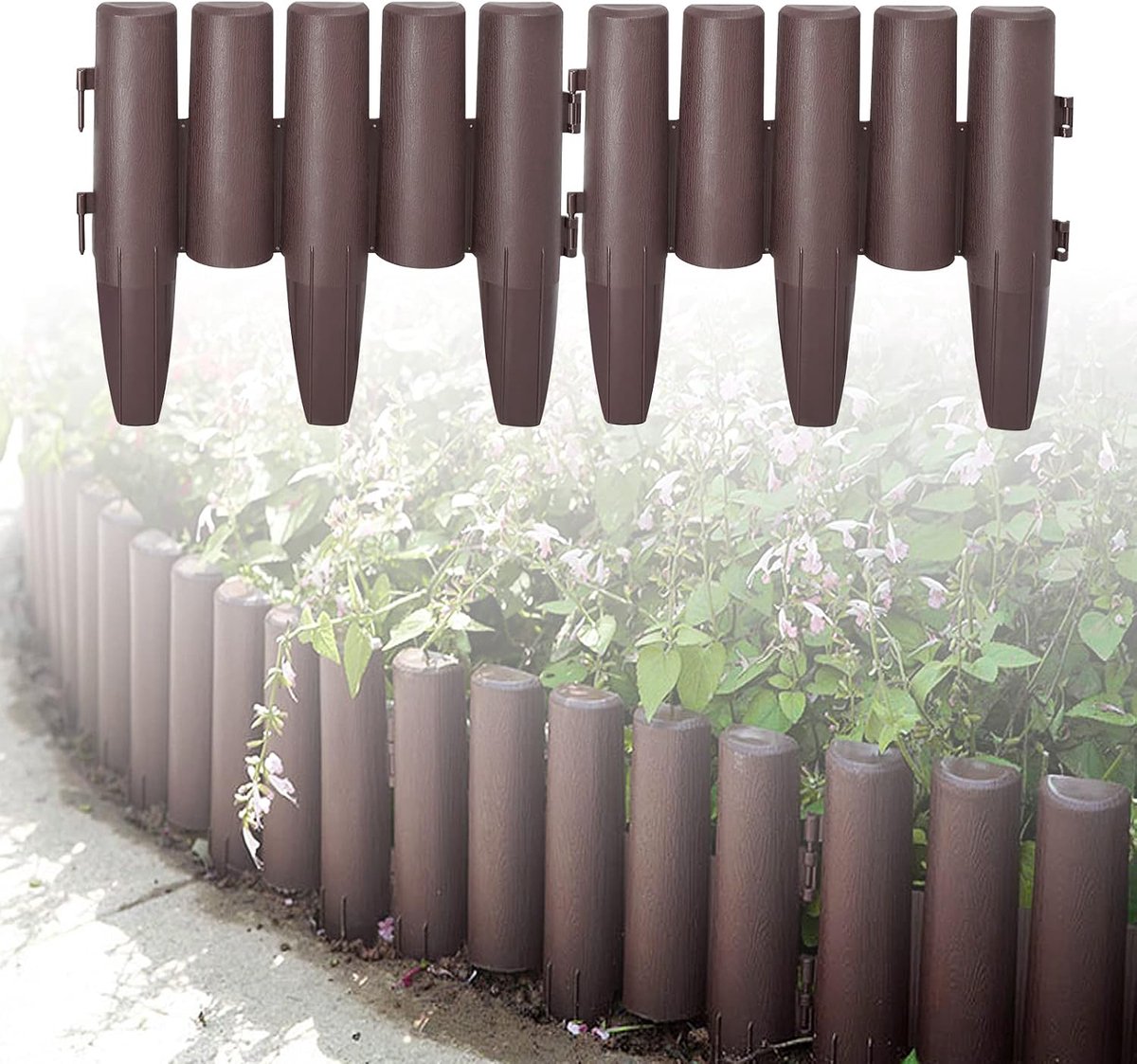 16,8 m gazonrand, kunststof, houtlook, gazonrand, maaikant, tuinrand, weerbestendig, tuinpalissade, beetzaun, 1 element (l x h): 28 x 24 cm, bruin