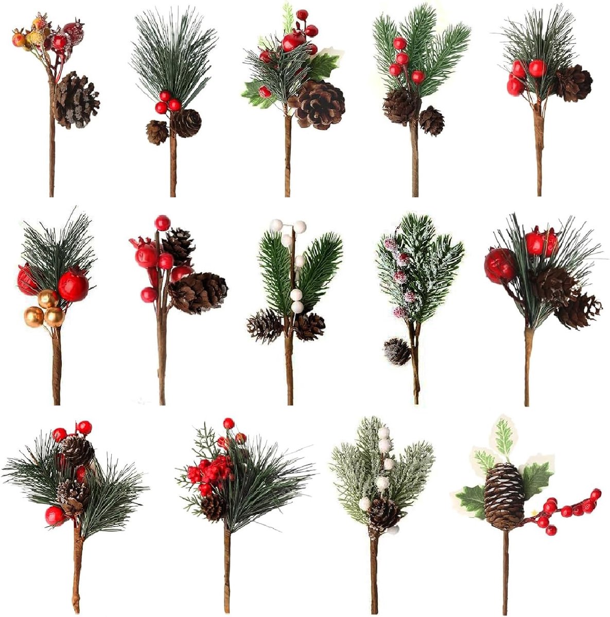 14 kunstkerstbessen, kunstdennentakken met rode hulstbessen, dennenappels voor kerstkrans, open haard, cadeau, kaart, tafel