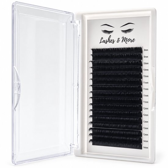 Wimperextensions in D krul, dikte 0.05, lengte mixed. 16 rijen in een tray. Duidelijk gelabeld met lengtes 8mm tot 14mm.