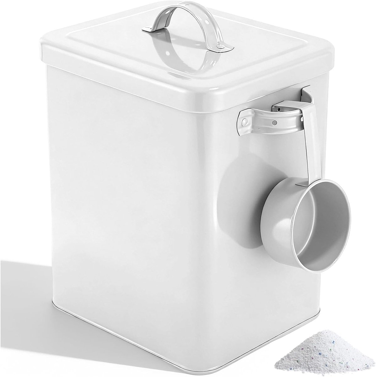 Waspoederhouder met deksel en lepel, krokethouder van wit metaal voor honden, hermetische wasmachine, opbergcontainer voor meel, rijst, kattenvoer