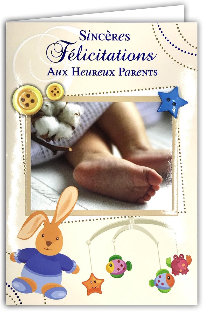 kaart felicitaties aan de gelukkige ouders geboorte of adoptie jongen, welkom baby + envelop 12 x 17,5 cm – collage blauwe knop in stervorm – pluche knuffeldier haas vissen – 66-1030-B
