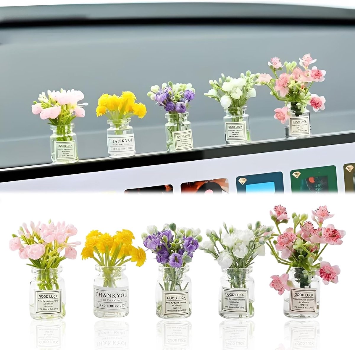 5 stuks mini-auto-interieurdecoraties zonnebloem, kleine ornamenten voor dashboard, auto-accessoires voor dames en heren, gadgets voor auto en kantoor, origineel geluksbrenger-cadeau
