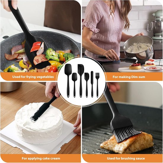 spatel voor de keuken, 6-delig, deegschraper, zwart, anti-aanbakrubber spatel met roestvrijstalen kern, keukenhulp, hittebestendige spatel-keukengereiset voor koken, bakken en mengen — afbeelding 3