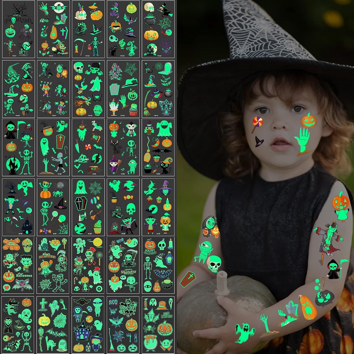 Halloween-tattoos, 30 vellen lichtgevende tatoeages voor kinderen, plak-tattoos, stickers voor kinderen, Halloween, cadeau voor kinderen