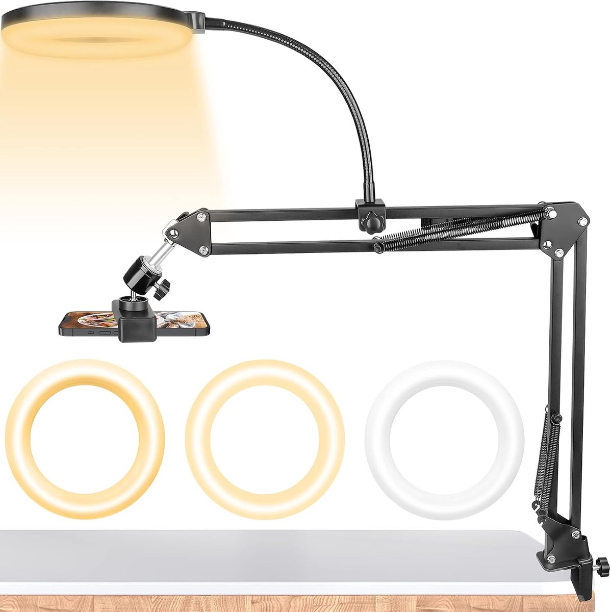 telefoonhouder met ringlicht, ChromLives overhead statief telefoonhouder houder voor video-opname, flexibele scharnierende arm overhead telefoonstandaard top-down camerabontage met licht