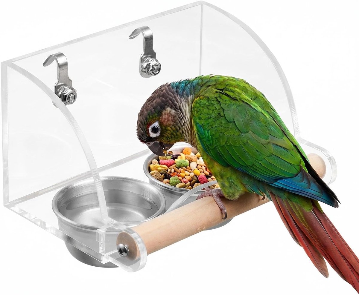 Vogelvoederbak om op te hangen, vogelvoederbak, vogelbak, roestvrij staal, voederbak, voederbak, hangende voederbak, vogelkooi, voederbak, vogelvoederschaal met houten standaard voor
